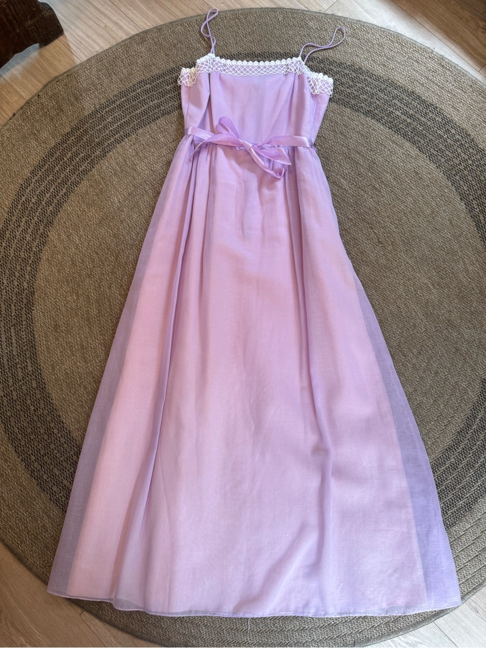 vintage lavender maxi dress white lace trim straight neckline spaghetti straps - Picture 8 of 13